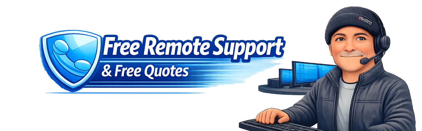 Free Remote Support @ Free Quotes Logo featuring a technician with a headset and computers, promoting free remote support.