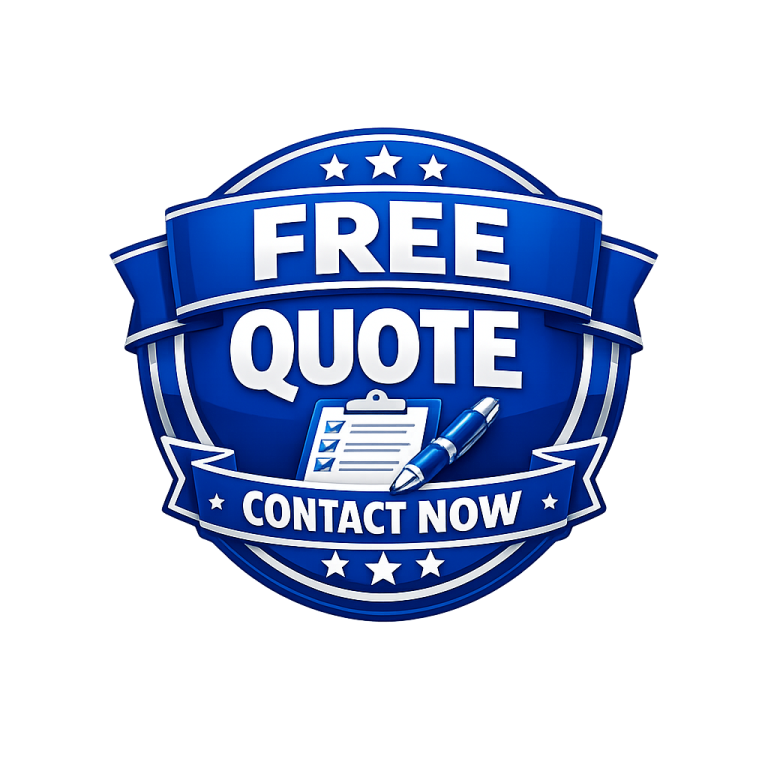 Link-Contact Us - Free Quote Blue badge with text "Free Quote" and a pen, encouraging contact for inquiries.